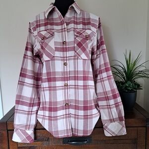 Frank & Oak Plaid Shirt Women's Small Flannel Button Up Top Pink Off White NWT